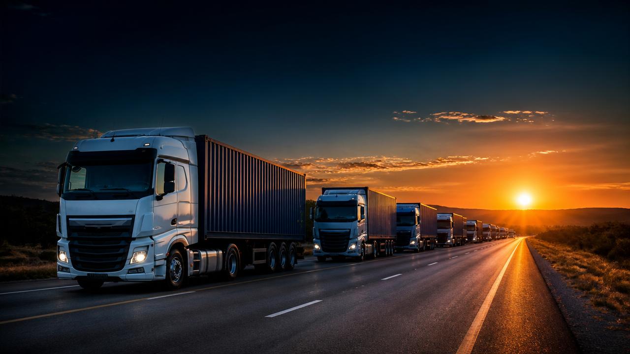 Xprscargo road fleet of modern long-haul trucks on an African highway at sunset